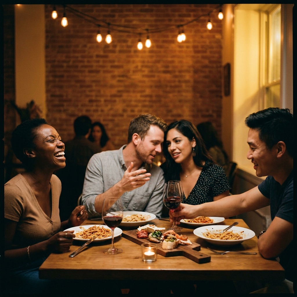 Four friends laughing around a warmly lit dinner table.
